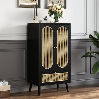 STILVORA Dressoir 60x40x101cm - Kast met 2 Rattan Deuren en 1 Schuiflade - Functioneel en Stijlvol - Spaanplaat - Natuurlijk