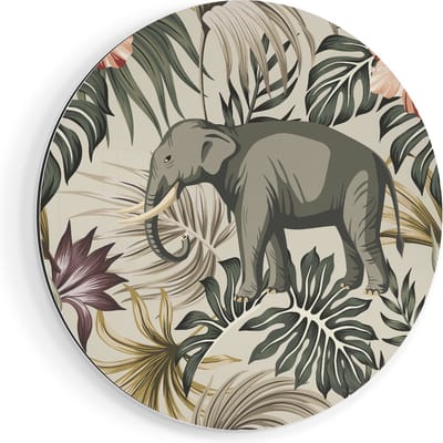 Artaza Dibond Muurcirkel Tropisch Getekende Olifant - Abstract - Ø 40 cm - Klein - Wandcirkel - Rond Schilderij - Voor Binnen en Buiten