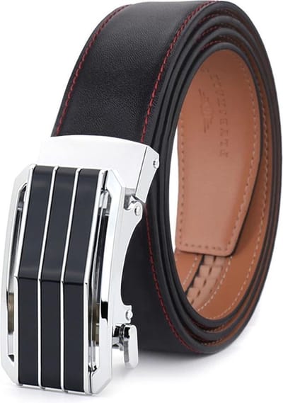 Plyesxale-Riem Heren Leder - Herenriem automatische gesp - Lederen riem - Gaatjes maken overbodig-Zwart leder heren broekriem met zilver matic gesp 130 cm lang