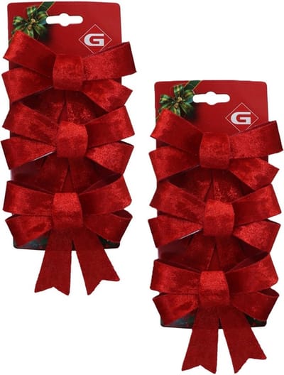 Gerimport kerstornamenten strikken - 6x st- velvet rood - 6x13 cm - kerstboomstrikjes