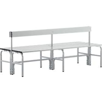 Kleedkamerbank, stalen buis/aluminium, dubbel met rugleuning, 1500 mm lang, blank aluminium