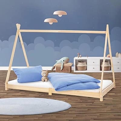 Kinderbed Tipi 90 x 200 cm - Houten Jeugdbed met Lattenbodem voor Jongens en Meisjes