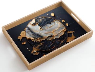 Dienblad hout 50x35 cm - Schootdienblad - Kunst - Goud - Zwart - Modern - Abstract - Borrelplank rechthoek - Plateau dienbladen