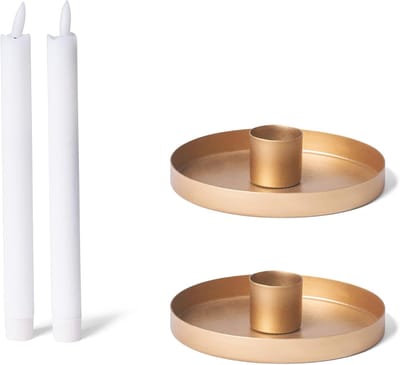 2x kaarsenhouders, ronde metalen kaarsen, diameter 6 cm, goud met LED-kaarsen, premium echt was-flikkereffect, lontkaars, kaarsenhouder, kaarsenstoker, Adventskrans, Scandinavische chic