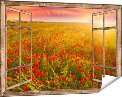 Gards Tuinposter Doorkijk Rode Klaproos Bloemenveld - Zonsondergang - 120x80 cm - Tuindoek - Tuindecoratie - Wanddecoratie buiten - Tuinschilderij
