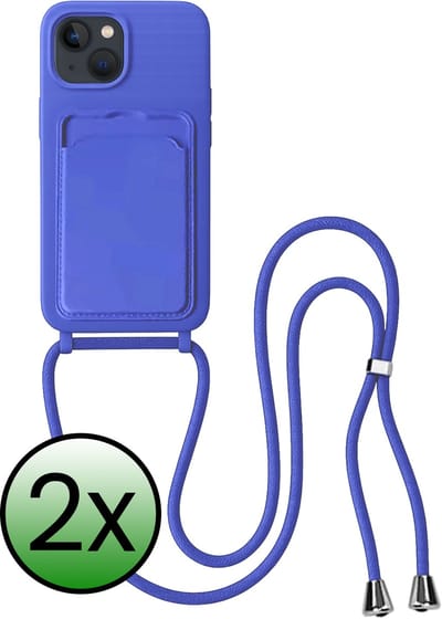 Hoes Geschikt voor iPhone 15 Hoesje Pas Houder Case Hoes Met Koord - Hoesje Geschikt voor iPhone 15 Hoes Met Telefoonkoord Pasjeshouder Cover - Felblauw - 2 Stuks