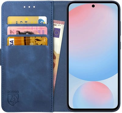 Rosso Element Geschikt voor Samsung Galaxy S24 FE | Wallet Book Case | Portemonnee Hoesje | 3 Pasjes | Magneetsluiting | Stand Functie | Blauw