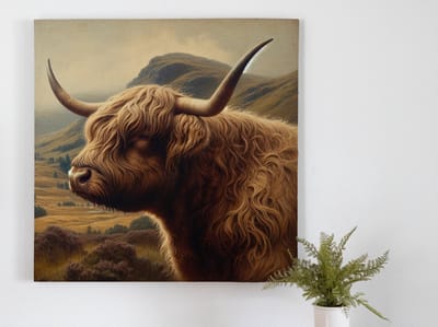 Olieverf schotse hooglander schilderij | Prachtige briesende schotse hooglander gevangen in levendige olieverf | Kunst - 60x60 centimeter op Canvas | Foto op Canvas