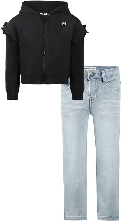 Koko Noko - Kledingset - Basic Collection - Bio Cotton - Blue Jeans Wide leg - Cardigan with hood dropped shoulder Zwart - Maat 92