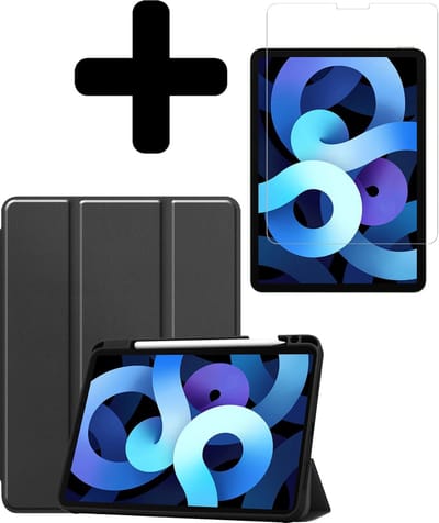 Hoesje - Geschikt voor Apple iPad Air 4 (2020) - 10.9 inch - 4e Generatie - Met Screenprotector - Trifold Bookcase Hoes - Hard Cover Case - Met Uitsparing Geschikt voor Apple Pencil - Hardcover Book - Tablethoes - Zwart