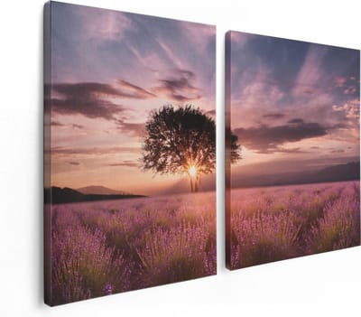 Artaza Canvas Schilderij Tweeluik Bloemenveld Met Lavendel Bij Zonsondergang - 120x80 - Foto Op Canvas - Canvas Print