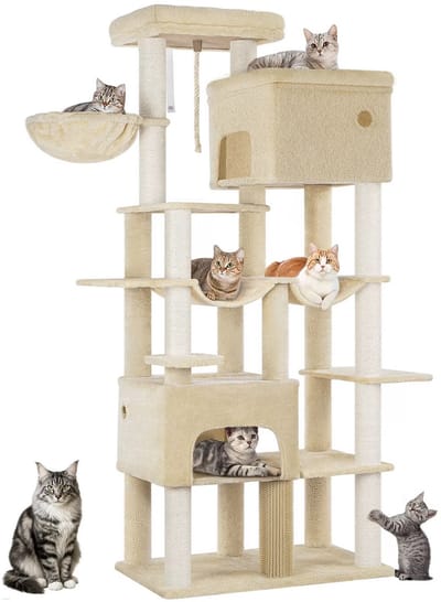 Multi Level Cat Tower - 200 cm - Krabpaal Katten Groot – Met 10 Krabpalen en 2 Hangmatten – Kattentoren met 2 Holletjes, Mand en Platform – Inclusief Kattenborstel – Geschikt voor Grote Katten en Kittens