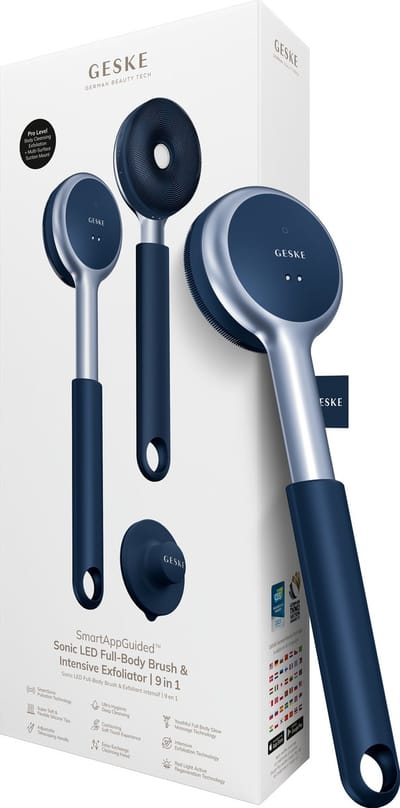 GESKE LED Sonic Full-Body Brush | 9 in 1 | Reinigingsborstel en exfoliator met led | Met SmartSonic-pulsaties | Dieptereiniging en massage | Ruwe huidverwijderaar | Verstelbare handgreep