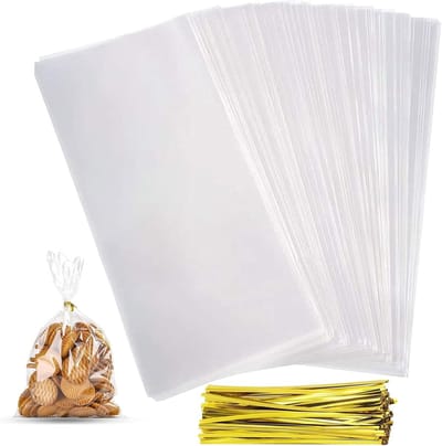 Grote transparante cellofaan zakken voor koekjes, snoep en gebak - 100 stuks met gouden twisted band (25 x 15 cm)