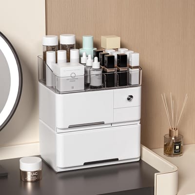 Transparant Make-upstation met 4 Lades en Roterend Display voor Cosmetica en Skincare
