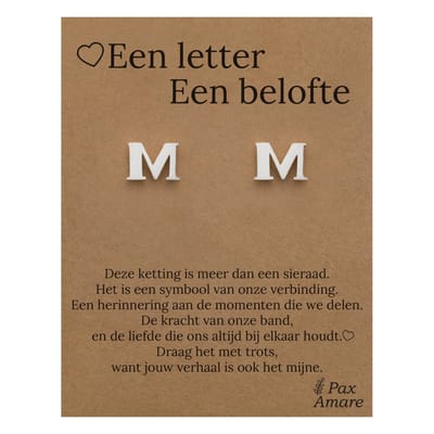 Initiaal Oorbellen met Letter M op Cadeau Kaartje - Een letter, een belofte - Zilverkleurig - Naam Sieraad Cadeau - Roestvrij Staal Oorknopjes - Pax Amare