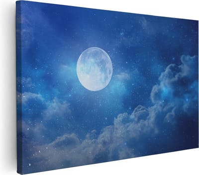 Artaza Canvas Schilderij Sterrenhemel - 30x20 cm - Klein - Wanddecoratie Maan - Muurdecoratie Ruimte - Kamer Accessoires Woonkamer - Blauw