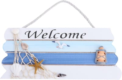 Houten Welkom Bord - Decoratief Huisbord - Voordeur Decoratie - Handbeschilderd Nautisch Thema - 26x12x1 CM - Meerkleurig