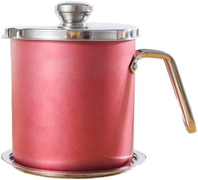 longziming -RVS Vetopvangbak met Zeef – 1,6L Oliecontainer met Deksel – Glanzend Rood – Hittebestendige Handgreep – Ideaal voor het Bewaren van Frituurolie, Spekvet en Kookolie – Duurzaam en Lekvrij Ontwerp