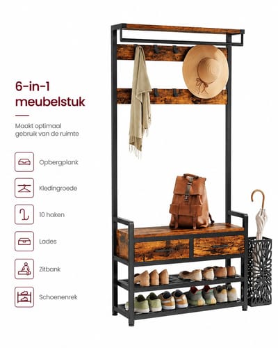 A.U.D Essentials kapstok - Schoenenrek - Kledingrek - Jashaak - Met lades - Met haken - Plank - 30x80,4X181,6 cm - Bruin - Zwart
