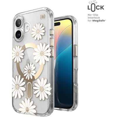 Speck Presidio Lux ClickLock & MagSafe - iPhone 16 Case - Sunshine Daisies / Clear / Gold