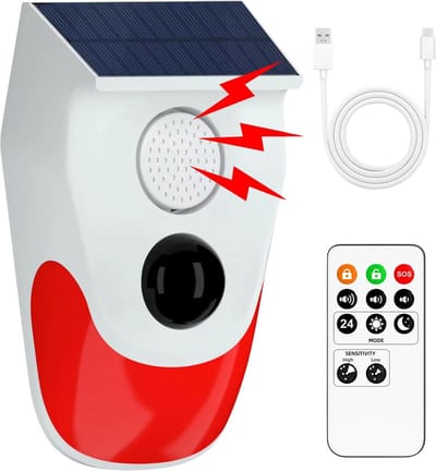 Solar Bewegingssensor Buitenalarm – 129dB Sirene, Bewegingsmelder Beveiligingsalarm met Licht, IP67 Waterdicht, Diefstal- en Inbraakbeveiliging voor Huis en Tuin