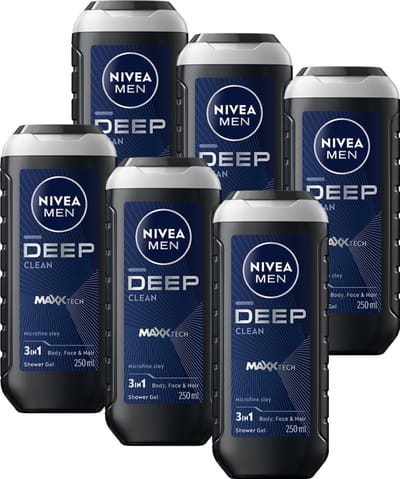 NIVEA MEN DEEP Clean Douchegel Mannen - 3-in-1 Shower Gel - Shampoo - Voordeelverpakking - 6 x 250 ml