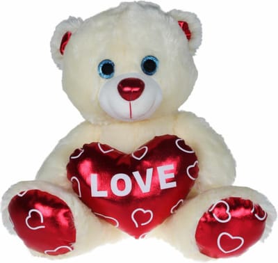 Kruger Pluche knuffelbeer - wit/rood - Valentijn Love hartje - 15 cm - cadeau - liefde