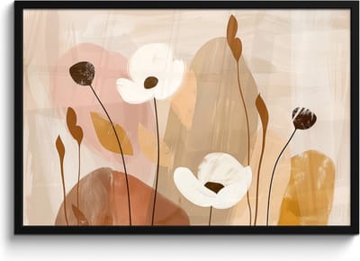 Poster in lijst - Fotolijst 90x60 cm - Posters - Bloemen - Abstract - Beige - Line art - Posterlijst zwart - Decoratie - Wanddecoratie woonkamer - Muurdecoratie slaapkamer