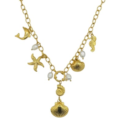 Statement ketting met echte parels en zee charms - Goldplated - 45-50 cm verstelbaar