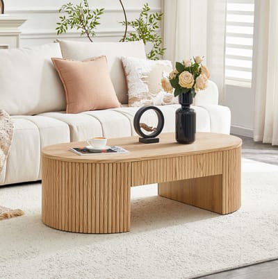 OKWISH Salontafel - Ovaal Met Lade - Voor Woonkamer Bij Bank - Geribbelde Zijkanten En Open Ruimte - MDF Eikenlook - 105x54x38 cm