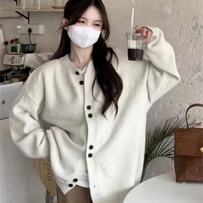 Botvotee Effen gebreid vest Dames Herfst Winter Vintag O-hals Oversized trui met lange mouwen Chique jas met knopen One Size beige