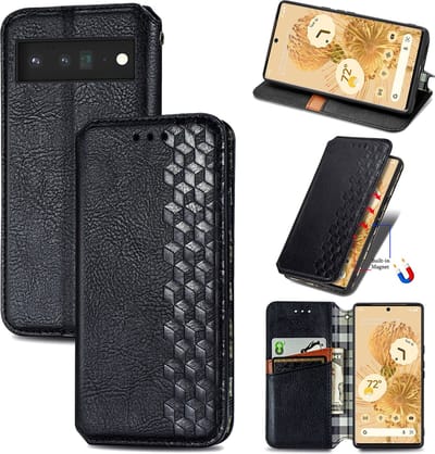 Luxe PU Lederen Ruitpatroon Wallet Case + 21D Glas Screenprotector voor Google Pixel 6 _ Zwart