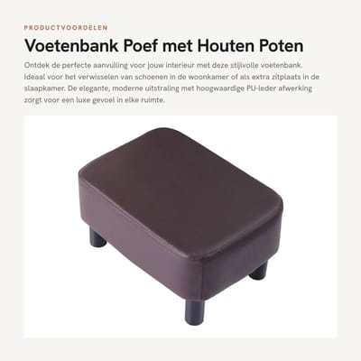 Dailygoods- Voetenbank 42 cm - Moderne Poef - Houten Poten - Waterdicht PU-leer - Antislip Voetpad - Gewatteerde Zitting