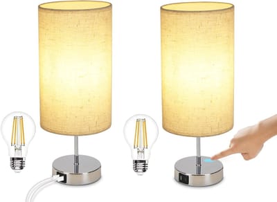 NETTLIFE Tafellamp E27 - 2 Stuks - chroom - rond - 3000K Warm wit Licht - Touch Dimbaar - nachtlamp met USB laadfunctie - stoffen lampenkap - voor Nachtkastje | Eetkamer | Woonkamer | Slaapkamer - excl. lichtbron
