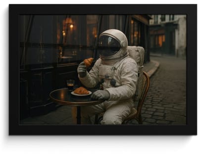 Poster in lijst - Fotolijst 30x20 cm - Posters - Café - Croissant - Koffie - Astronaut - Posterlijst zwart - Decoratie - Wanddecoratie woonkamer - Muurdecoratie slaapkamer