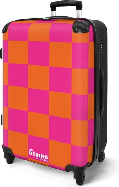 NoBoringSuitcases.com® - Koffer groot - Rolkoffer lichtgewicht - Reiskoffer op 4 wielen met oranje roze schaakbord patroon - Large travel luggage suitcase - Vakantie bagagekoffer - Grote trolley XL - 20 kg bagage