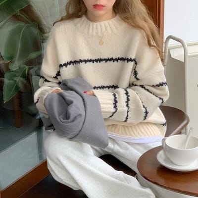 Dames Warme Dikke Gestreepte Trui Pullover Herfst Winter Lange Mouw Losse Lazy Halve Col Outwear Vrouwelijke Casual Gebreide Tops One Size
