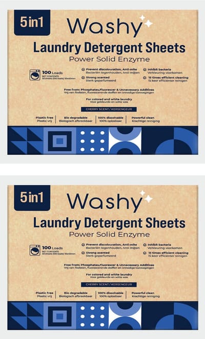 Washy Wasstrips Kersengeur 2X- Wasmiddeldoekjes voor Witte, Gekleurde en Zwarte Was - Wasmiddel Strips - Eco Wasmiddel Vellen - Duurzame Laundry Strips (200 wasbeurten)