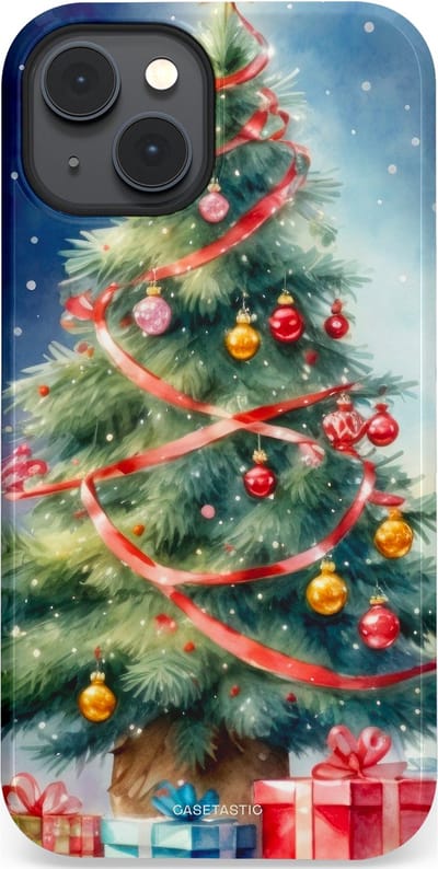 Casetastic hoesje geschikt voor Apple iPhone 14 Plus - MagSafe - Dubbellaagse bescherming - Aquarel Kerstboom Cadeau - Fashion Case - Grijs Donkerblauw Saliegroen Beige