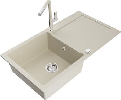 Mexen Leo granieten gootsteen met 1 bak met afdruiprek en Flora keukenkraan, beige - 6501-69-670401-09