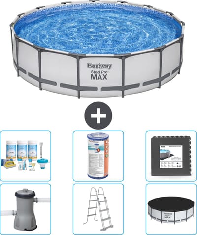 Bestway Rond Steel Pro MAX Zwembad - 457 x 107 cm - Grijs - Inclusief Pomp - Ladder - Afdekzeil Onderhoudspakket - Filter - Vloertegels