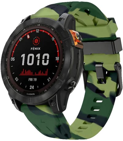 Strap-it Siliconen 'Race' bandje geschikt voor Garmin Fenix 9 (Pro) 47mm - Fenix 8 (Pro-E-47mm) - Fenix 7 (Solar-Pro) - 6 (Solar-Pro) - Fenix 5 (Plus) / Forerunner 970 - 965 - 955 - 945 - 935 - 745 / Quatix 8 - 7 - 6 - 5 - Groene Camouflage