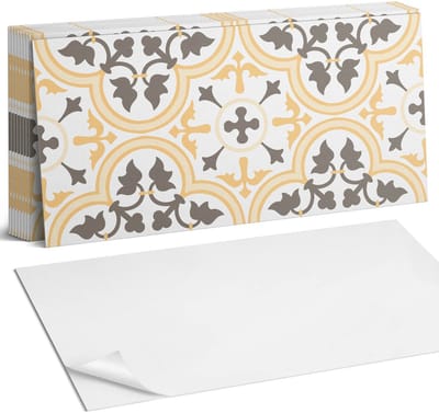 Coloray Plaktegels - Plantenpatroon op de achtergrond Zelfklevende Wandtegels - 40 cm x 20 cm - Geel Plaktegels - 10 stuks - Rechthoek PVC Tegels - Plaktegels Badkamer - Vloertegels Zelfklevend - Vinyltegels Vloer Zelfklevend - Portugese Tegels