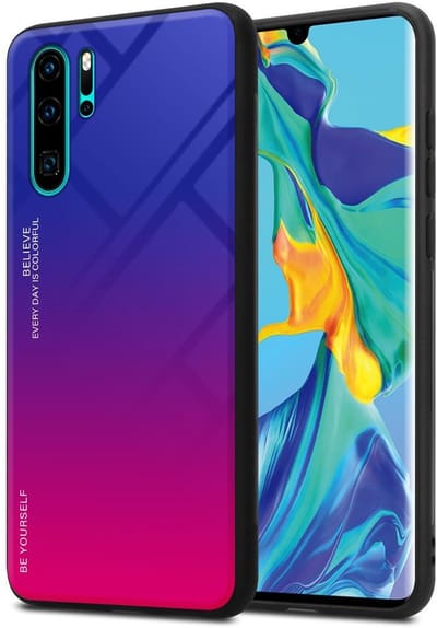 Cadorabo Hoesje geschikt voor Huawei P30 PRO in PAARS - ROOD - Tweekleurige beschermhoes van TPU-silicone Case Cover en achterzijde van gehard glas
