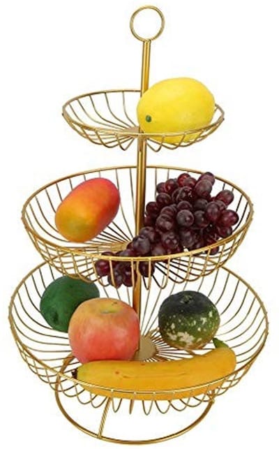 Dailygoods- Fruitschaal Goud - 3-Lagen Etagere - Roestbestendig - Duurzaam - Makkelijk Schoon te Maken - Geschikt voor Fruit en Groenten - Taartstandaard