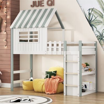 YEHTOKHOME Hoogslaper 90x200 cm, kinderbed van massief hout met trap, valbescherming met opbergvak, voor jongens en meisjes, dakvorm, groen (zonder matras)