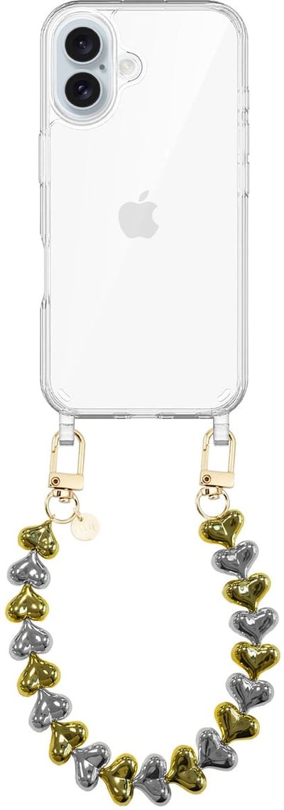 xoxo Wildhearts siliconen hoesje geschikt voor iPhone 17 hoesje - Funky Hearts - Telefoonhoesje - Hoesje met koord - Goud / Zilver koord - kort telefoonkoord - Hartjes ketting - Transparant hoesje