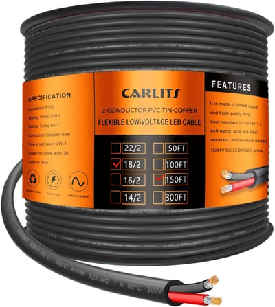 2-aderige Elektrische Draadkabel 18 AWG - Zwart, Flexibel Laagspanning Snoer voor LED, Auto en Elektronica (45,72 meter)