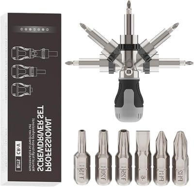 Magnetische Ratelschroevendraaier - Verstelbare Schroevendraaier Set - Precisie Reparatie - 180 Graden Flexibele Hoek - 7 Bits Inclusief - Grijs